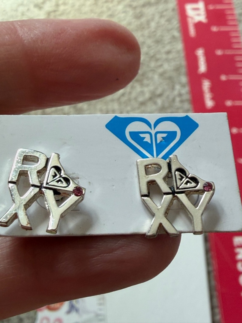 Roxy Silver Letter Stud Earrings with Pink Gem Accents - Picture 3 of 6